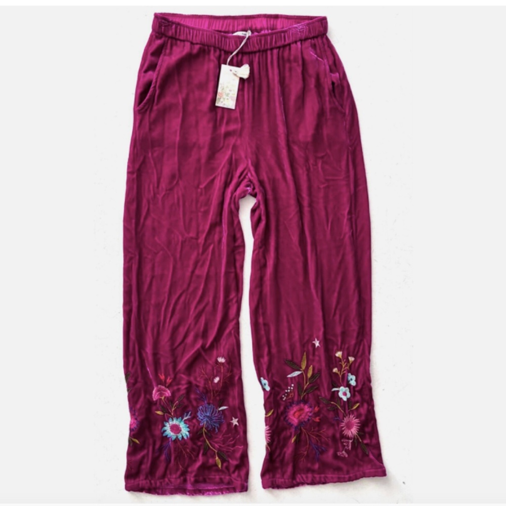 Johnny Was Ulla Velvet Pants with Floral Embroidery